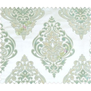 Large aqua blue green beige damask with embossed look on cream shiny fabric main curtain